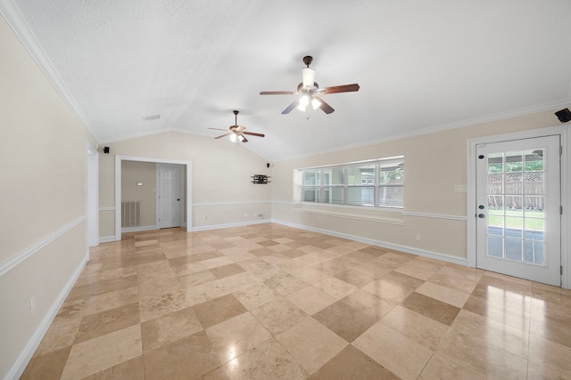 11243 Rousseau Dr, Houston, TX 77065 - empty room with ceiling fan, vaulted ceiling, baseboards, and crown molding