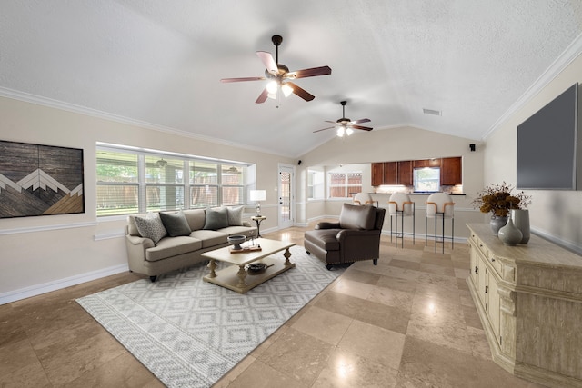 11243 Rousseau Dr, Houston, TX 77065 - living area featuring a ceiling fan, vaulted ceiling, baseboards, and crown molding