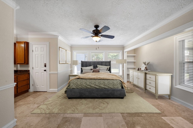 11243 Rousseau Dr, Houston, TX 77065 - bedroom featuring ornamental molding, baseboards, a textured ceiling, and a ceiling fan