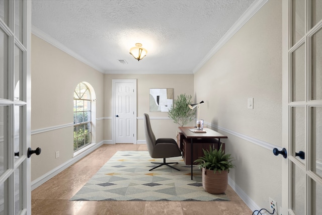 11243 Rousseau Dr, Houston, TX 77065 - office space with french doors, a textured ceiling, crown molding, and baseboards