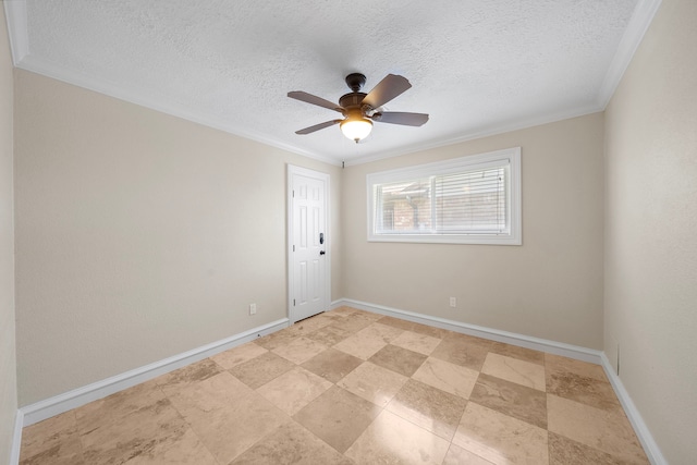 11243 Rousseau Dr, Houston, TX 77065 - spare room with ornamental molding, a textured ceiling, baseboards, and ceiling fan
