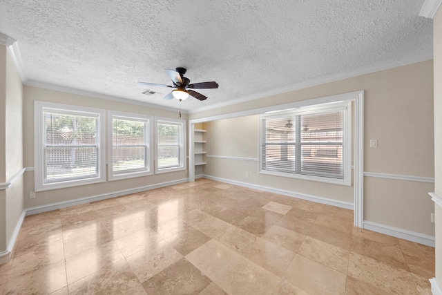 11243 Rousseau Dr, Houston, TX 77065 - unfurnished room with ceiling fan, crown molding, healthy amount of natural light, baseboards, and a textured ceiling