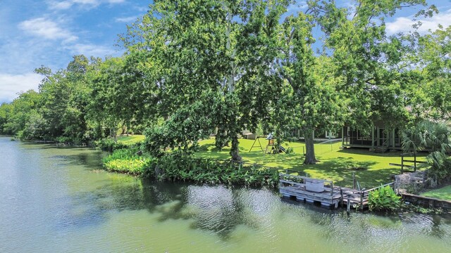 5103 Diamond Springs Dr, Missouri City, TX 77459 - dock area featuring a lawn, a water view, and view of scattered trees