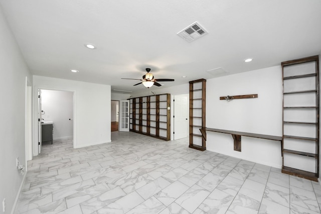 5103 Diamond Springs Dr, Missouri City, TX 77459 - unfurnished living room featuring ceiling fan, light marble finish flooring, recessed lighting, and baseboards