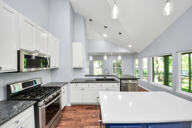 5103 Diamond Springs Dr, Missouri City, TX 77459 - kitchen with appliances with stainless steel finishes, a sink, high vaulted ceiling, dark wood-style flooring, and white cabinets