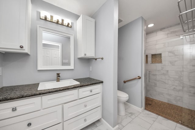 5103 Diamond Springs Dr, Missouri City, TX 77459 - full bath with marble finish floors, tiled shower, toilet, baseboards, and vanity