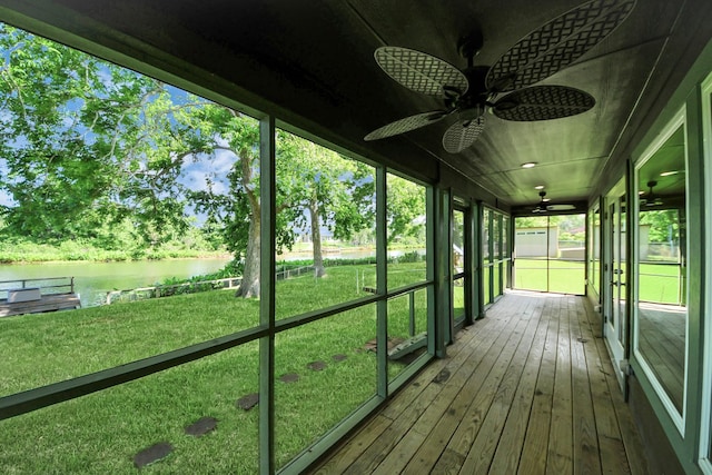 5103 Diamond Springs Dr, Missouri City, TX 77459 - unfurnished sunroom featuring a water view and ceiling fan