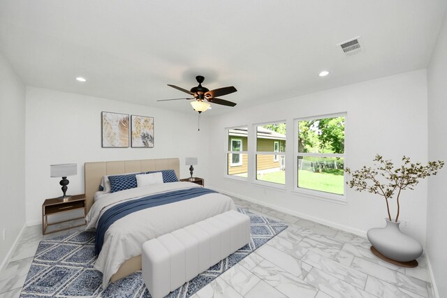 5103 Diamond Springs Dr, Missouri City, TX 77459 - bedroom featuring light marble finish flooring, baseboards, recessed lighting, and a ceiling fan