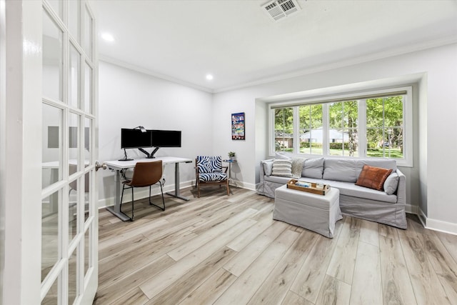 2514 Briarbrook Dr, Houston, TX 77042 - office area with ornamental molding, baseboards, wood finished floors, recessed lighting, and french doors