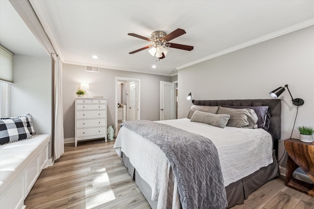 2514 Briarbrook Dr, Houston, TX 77042 - bedroom featuring recessed lighting, light wood finished floors, ornamental molding, ceiling fan, and ensuite bathroom