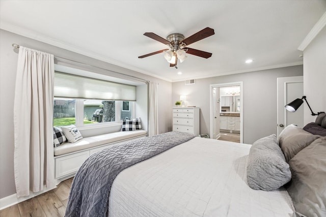 2514 Briarbrook Dr, Houston, TX 77042 - bedroom with light wood-style flooring, crown molding, recessed lighting, baseboards, and a ceiling fan