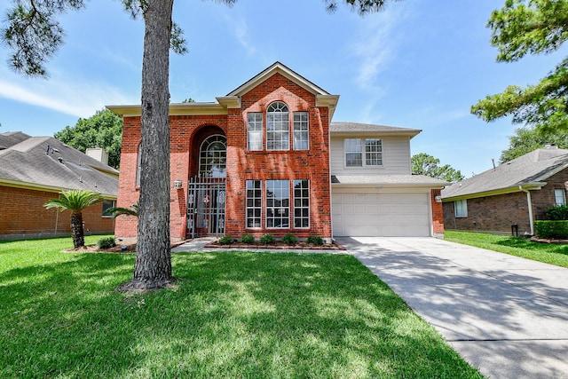 11707 Turtle Lake Dr, Houston, TX 77064 - view of front of home featuring brick siding, an attached garage, concrete driveway, and a front lawn