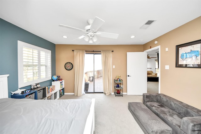 525 Rancho Bauer Dr, Houston, TX 77079 - carpeted bedroom with access to exterior, recessed lighting, ceiling fan, and baseboards