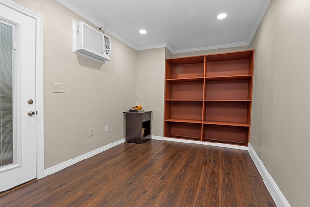 16503 Brightling Ln, Houston, TX 77090 - unfurnished room featuring dark wood-style flooring, ornamental molding, a wall mounted AC, baseboards, and recessed lighting