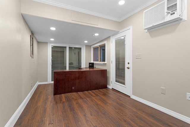16503 Brightling Ln, Houston, TX 77090 - kitchen with a wall mounted air conditioner, dark wood-type flooring, ornamental molding, baseboards, and recessed lighting