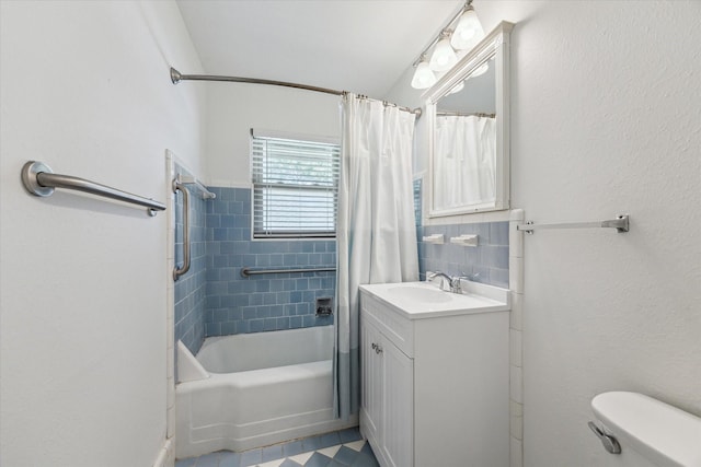 2322 Lamonte Ln, Houston, TX 77018 - bathroom with toilet, vanity, shower / tub combo with curtain, and tile patterned flooring
