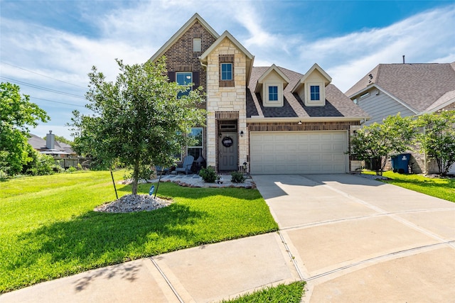 6303 Lemon Balm Ln, Crosby, TX 77532 - view of front of property with a front yard, concrete driveway, roof with shingles, stone siding, and brick siding