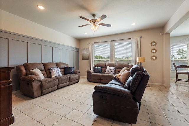 6303 Lemon Balm Ln, Crosby, TX 77532 - living room featuring ceiling fan, light tile patterned floors, and recessed lighting