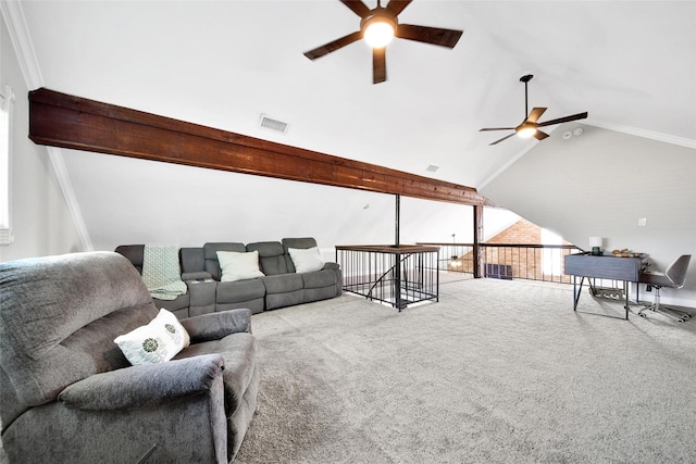 15605 Elwood Dr, Houston, TX 77040 - carpeted living area with a ceiling fan and high vaulted ceiling
