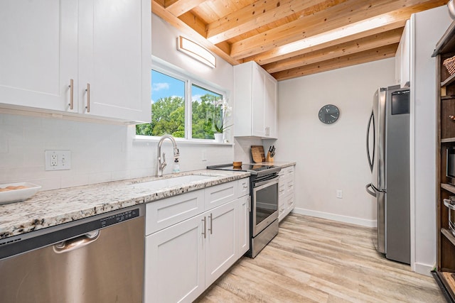 817 Bryan Ave, Seabrook, TX 77586 - kitchen featuring stainless steel appliances, a sink, wood ceiling with exposed beams, white cabinetry, and decorative backsplash