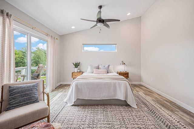 817 Bryan Ave, Seabrook, TX 77586 - bedroom featuring access to outside, baseboards, light wood finished floors, lofted ceiling, and recessed lighting