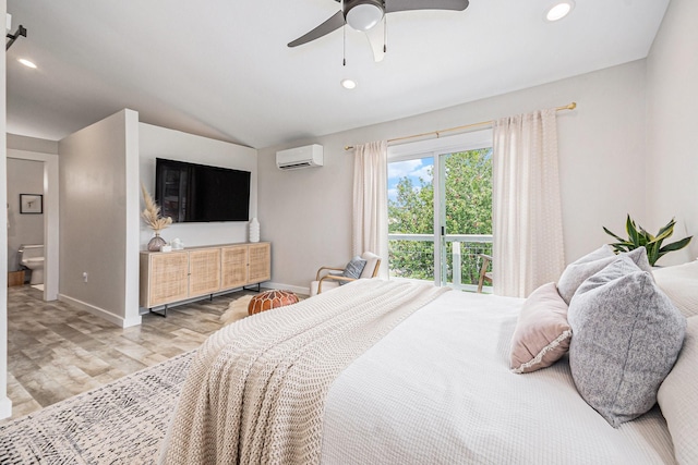 817 Bryan Ave, Seabrook, TX 77586 - bedroom with a wall mounted air conditioner, wood finished floors, baseboards, recessed lighting, and lofted ceiling
