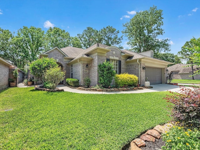 2815 Halton Ct, Kingwood, TX 77345 - view of front of property featuring a front lawn, a garage, brick siding, driveway, and a gate