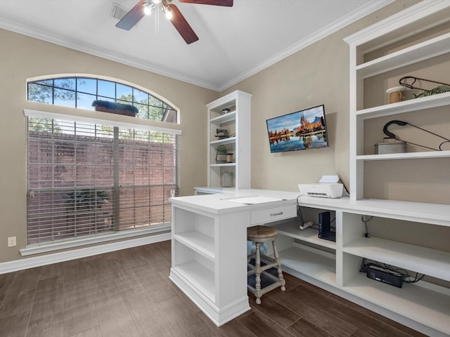 2815 Halton Ct, Kingwood, TX 77345 - office area featuring ceiling fan and crown molding