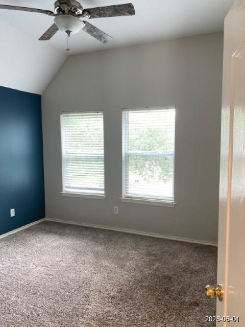 17523 Ginger Fields Ln, Tomball, TX 77377 - unfurnished room featuring carpet floors, a ceiling fan, baseboards, and lofted ceiling