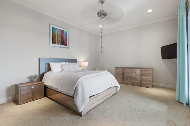 23314 Vista De Tres Lagos Dr, Spring, TX 77389 - bedroom with crown molding, carpet floors, baseboards, recessed lighting, and a ceiling fan