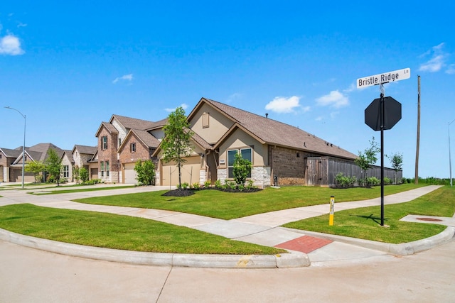 3315 Bristle Ridge Ln, Brookshire, TX 77423 - view of front of property with driveway, stucco siding, a garage, a residential view, and stone siding
