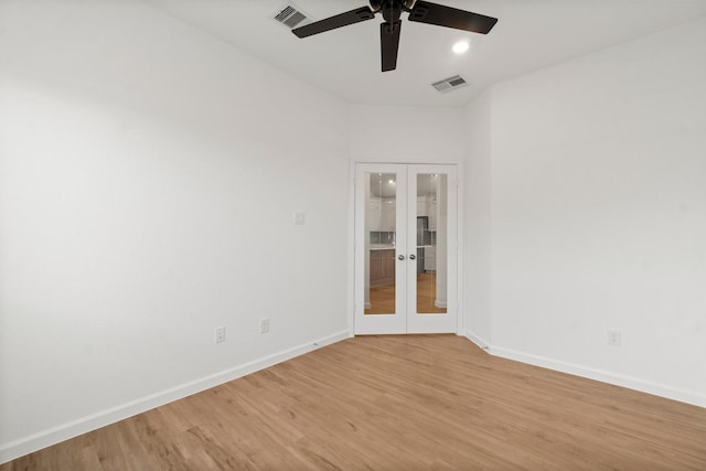 3315 Bristle Ridge Ln, Brookshire, TX 77423 - unfurnished room featuring french doors, ceiling fan, light wood-style flooring, and baseboards