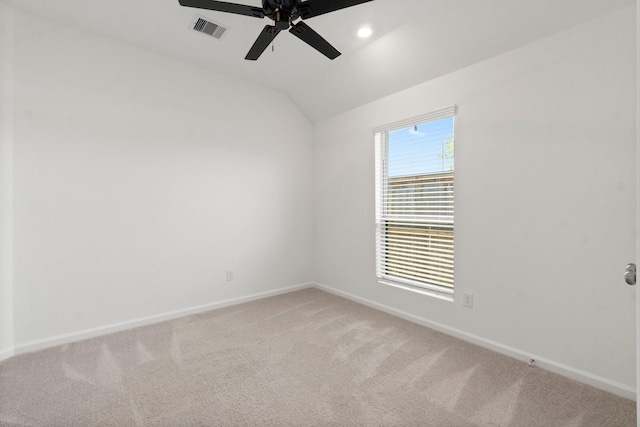 3315 Bristle Ridge Ln, Brookshire, TX 77423 - spare room featuring a ceiling fan, baseboards, lofted ceiling, and light colored carpet
