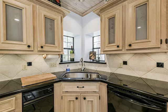 8410 Atascocita Lake Way, Humble, TX 77346 - kitchen featuring dishwasher, a sink, dark countertops, and backsplash