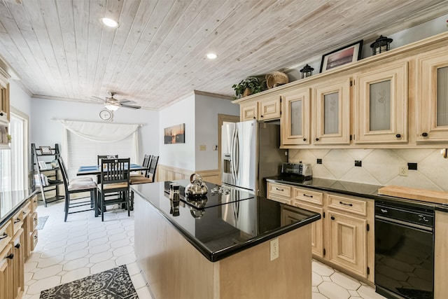 8410 Atascocita Lake Way, Humble, TX 77346 - kitchen with black appliances, dark countertops, wood ceiling, a ceiling fan, and a kitchen island