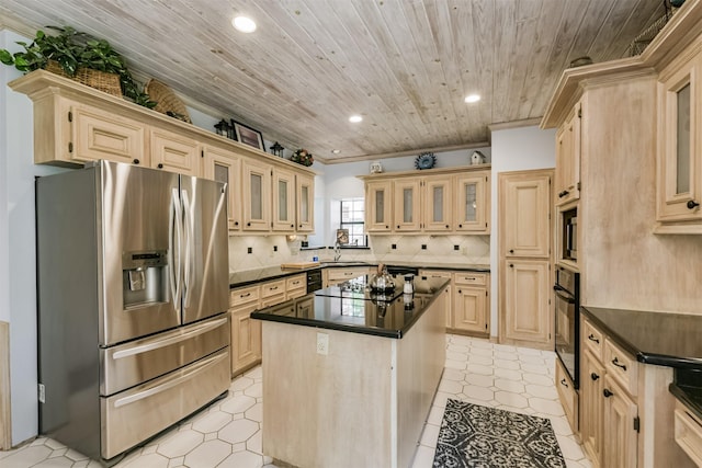 8410 Atascocita Lake Way, Humble, TX 77346 - kitchen featuring stainless steel fridge with ice dispenser, black oven, wooden ceiling, dark countertops, and a kitchen island