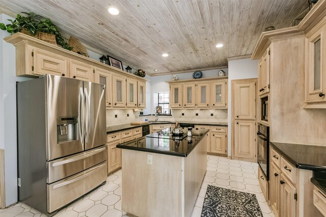 8410 Atascocita Lake Way, Humble, TX 77346 - kitchen featuring black appliances, wooden ceiling, dark countertops, a center island, and a sink