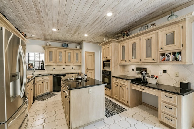 8410 Atascocita Lake Way, Humble, TX 77346 - kitchen featuring black appliances, dark countertops, a center island, recessed lighting, and wood ceiling