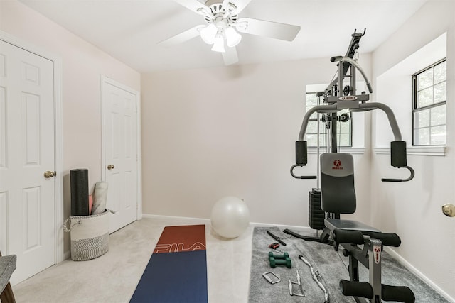 8410 Atascocita Lake Way, Humble, TX 77346 - exercise room featuring ceiling fan, carpet floors, and baseboards