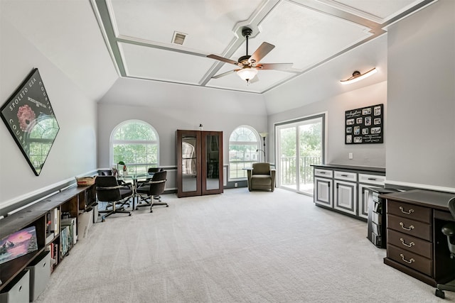 8410 Atascocita Lake Way, Humble, TX 77346 - office space with light colored carpet, lofted ceiling, a ceiling fan, and french doors