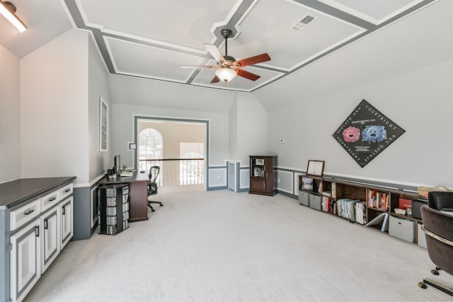 8410 Atascocita Lake Way, Humble, TX 77346 - office featuring lofted ceiling, ceiling fan, and light carpet