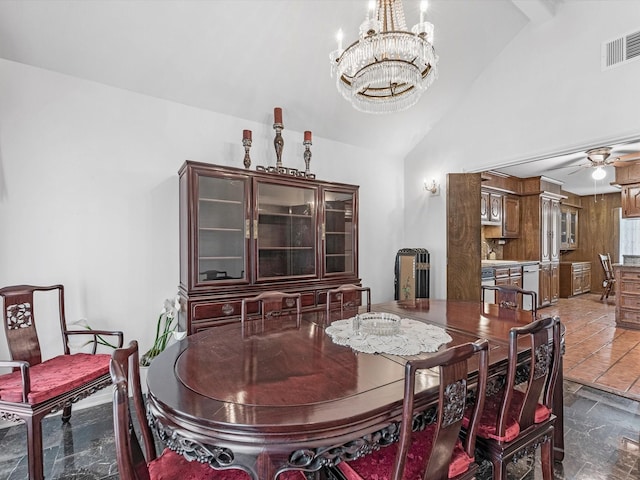 11821 15th St, Santa Fe, TX 77510 - dining space featuring a chandelier, ceiling fan, and high vaulted ceiling