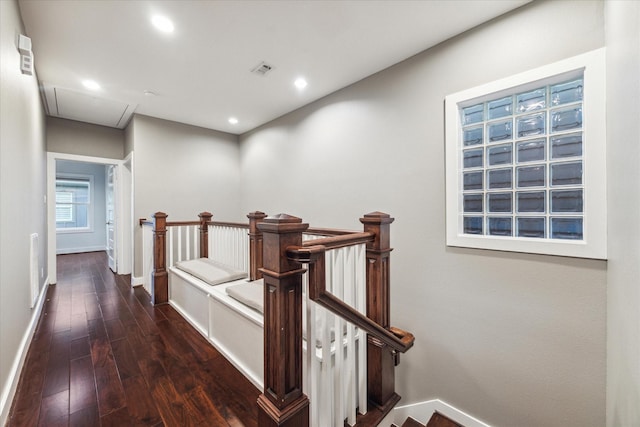 1032 W 18th St, Houston, TX 77008 - hallway featuring attic access, an upstairs landing, hardwood / wood-style flooring, baseboards, and recessed lighting
