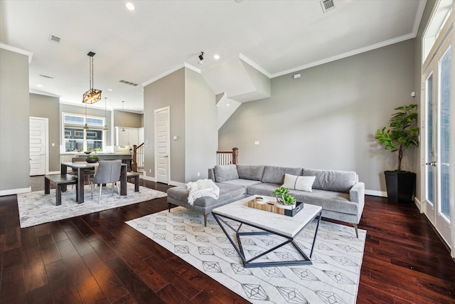 1032 W 18th St, Houston, TX 77008 - living area featuring dark wood-style floors, baseboards, ornamental molding, and recessed lighting