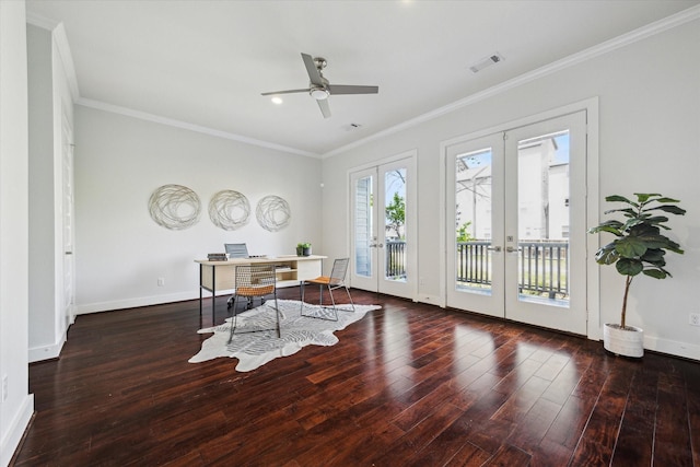 1032 W 18th St, Houston, TX 77008 - unfurnished office featuring french doors, wood finished floors, ornamental molding, baseboards, and ceiling fan