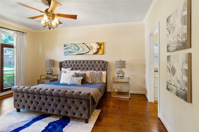 22015 Fielder Dr, Katy, TX 77450 - bedroom featuring wood finished floors, crown molding, baseboards, a textured ceiling, and ceiling fan