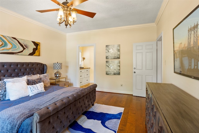 22015 Fielder Dr, Katy, TX 77450 - bedroom featuring dark wood-style floors, ornamental molding, a textured ceiling, baseboards, and ceiling fan