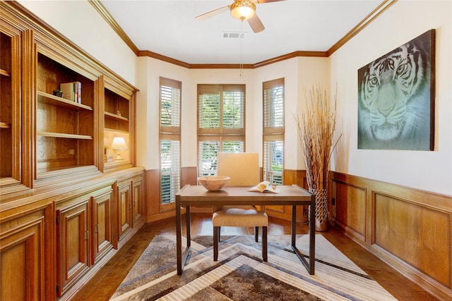 22015 Fielder Dr, Katy, TX 77450 - office area with hardwood / wood-style floors, ceiling fan, a wainscoted wall, and crown molding