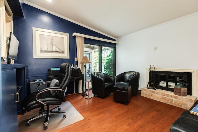 38 Adler Cir, Galveston, TX 77551 - office area featuring wood finished floors, crown molding, and vaulted ceiling