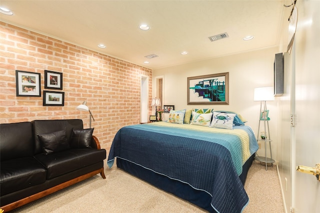 38 Adler Cir, Galveston, TX 77551 - carpeted bedroom featuring brick wall and recessed lighting